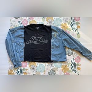 Reworked, Upcycled Jameson Whiskey denim shirt X Drink Wisconsibly Tshirt